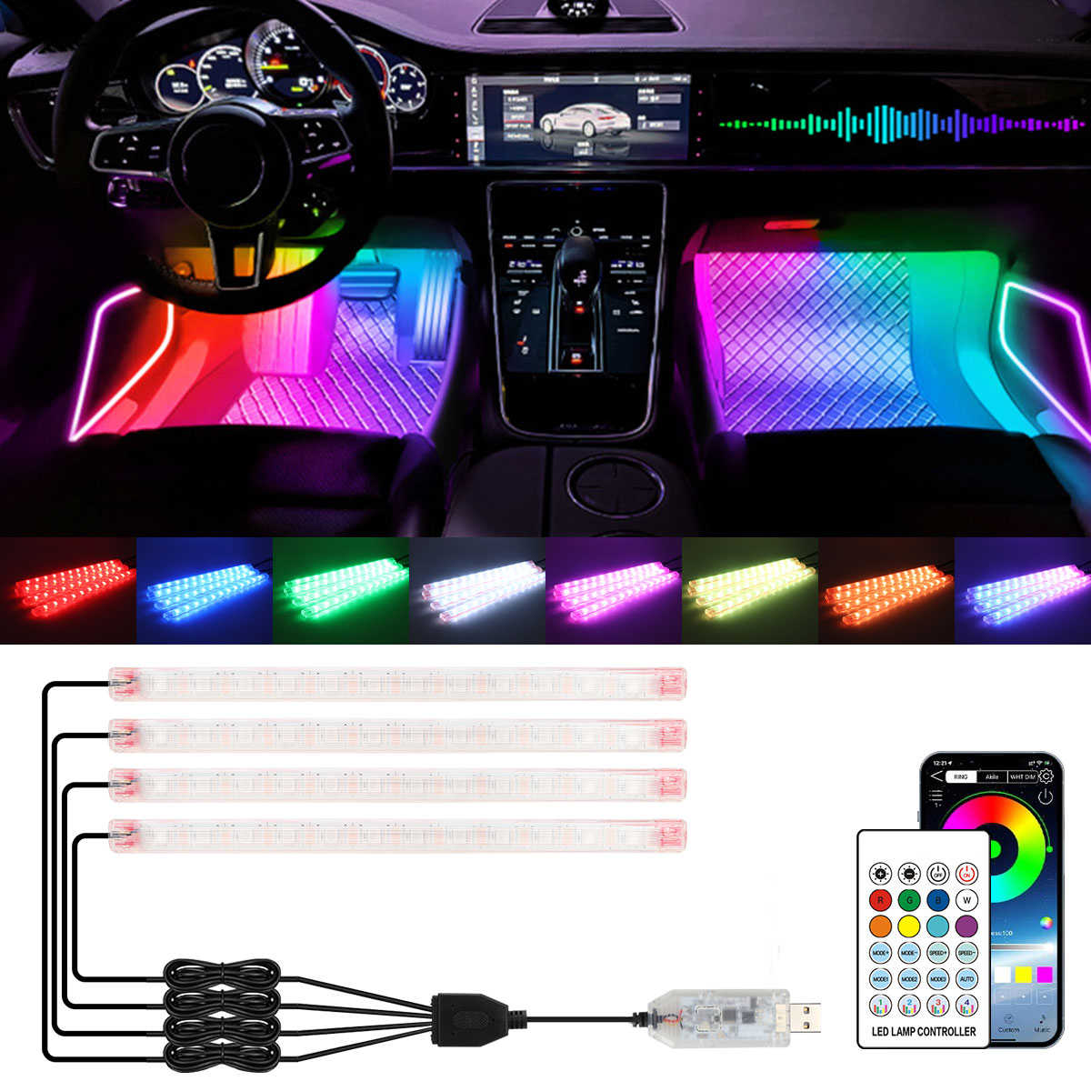 2/4in1 12/18 LED RGB Rainbow A - Led Ambient Interior Car Lights App Control review and price